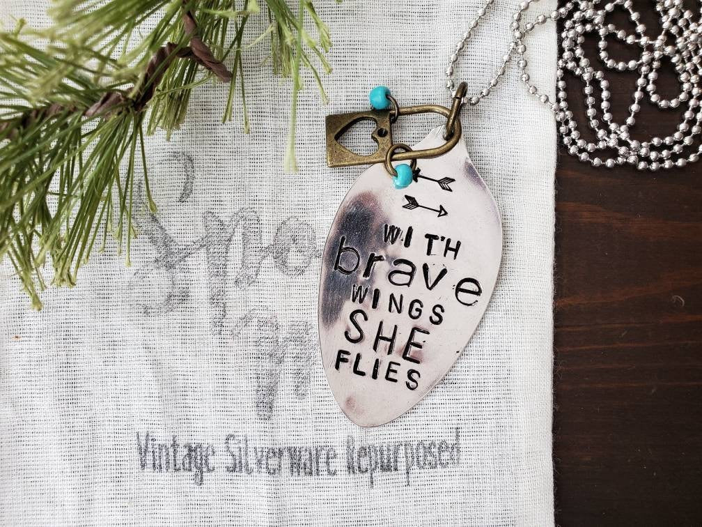 Stamped Spoon, Spoon Jewelry, Silverware Jewelry, With Brave Wings She Flies, Spoon Necklace, Pendant, Silver Jewelry, Boho, Spoon Pendant