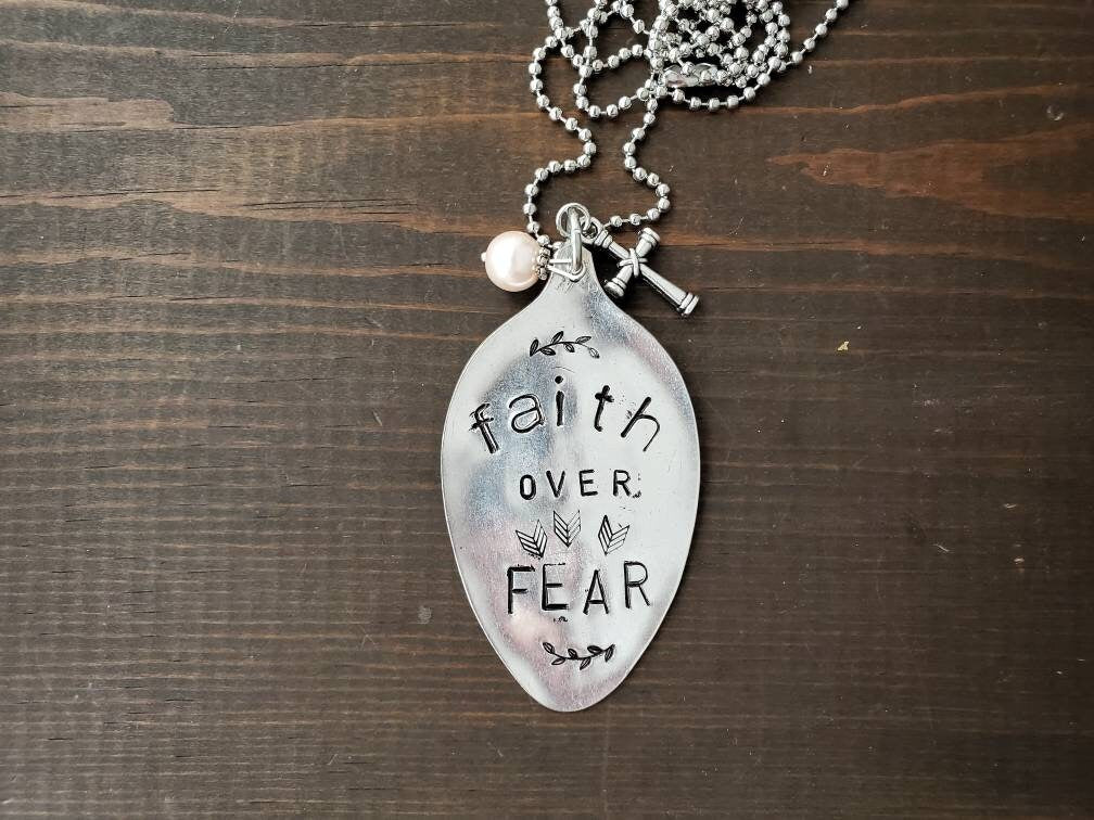 Stamped Spoon Jewelry,Faith Over Fear Necklace, Spoon Necklace, Spoon Jewelry Pendant, Gifts For Her Personalized, Handmade Silver Jewelry