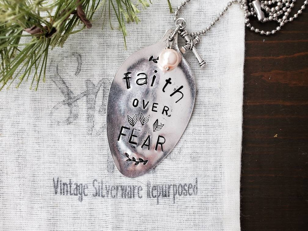 Stamped Spoon Jewelry,Faith Over Fear Necklace, Spoon Necklace, Spoon Jewelry Pendant, Gifts For Her Personalized, Handmade Silver Jewelry