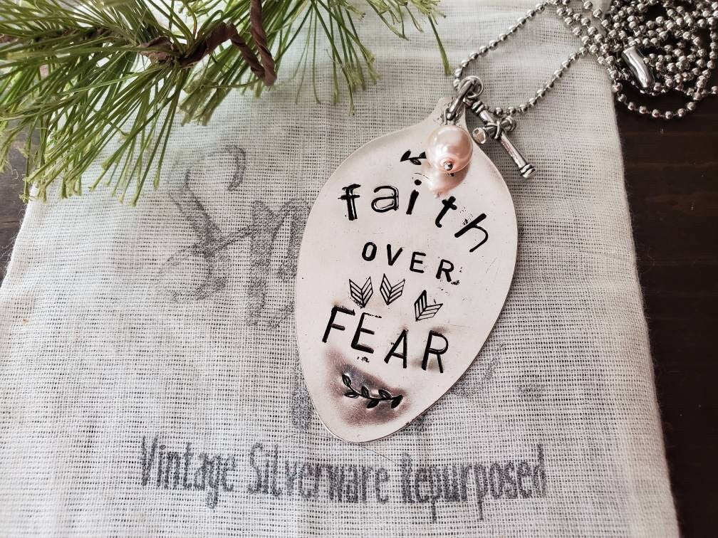 Stamped Spoon Jewelry,Faith Over Fear Necklace, Spoon Necklace, Spoon Jewelry Pendant, Gifts For Her Personalized, Handmade Silver Jewelry