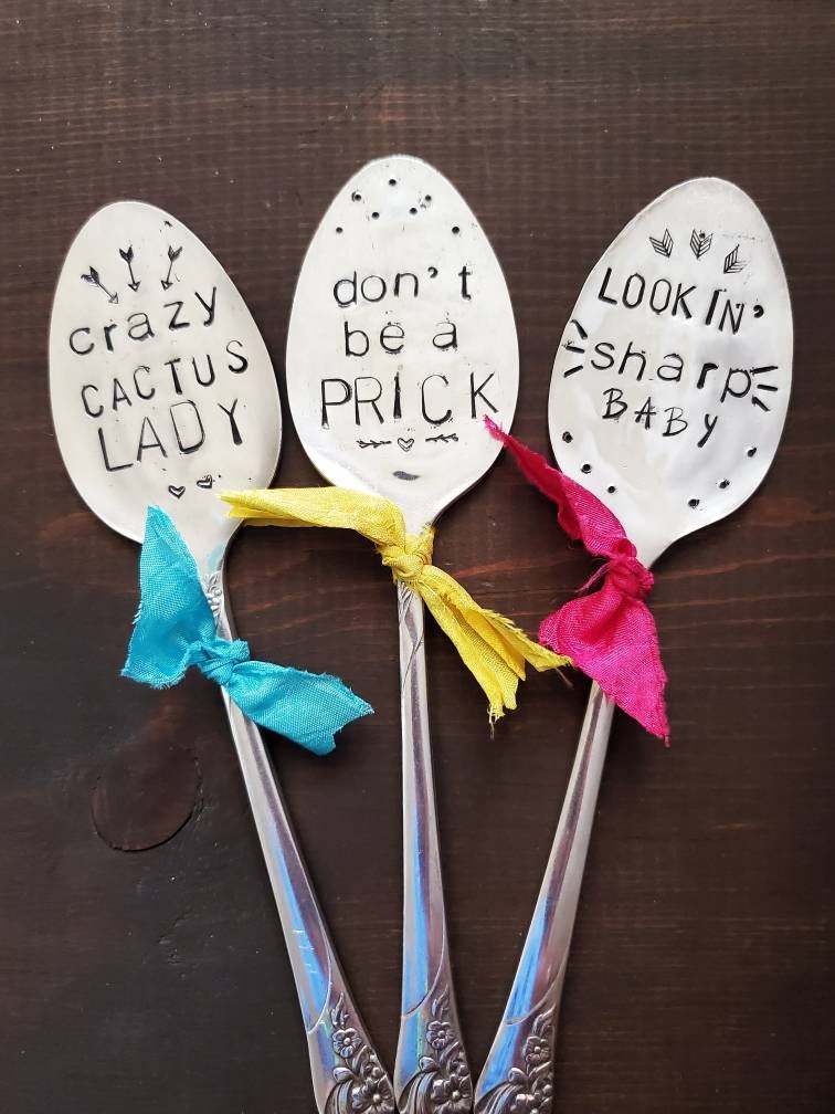 Cactus Plant Marker, Stamped Spoon, Funny Cactus Gifts, Plant Marker, Funny Garden Gift, Stamped Spoon, Garden Gift Set, Funny Planter
