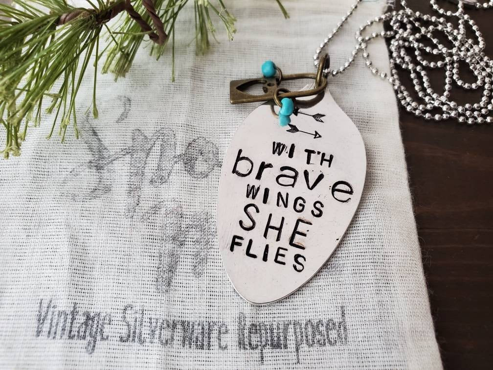 Stamped Spoon, Spoon Jewelry, Silverware Jewelry, With Brave Wings She Flies, Spoon Necklace, Pendant, Silver Jewelry, Boho, Spoon Pendant