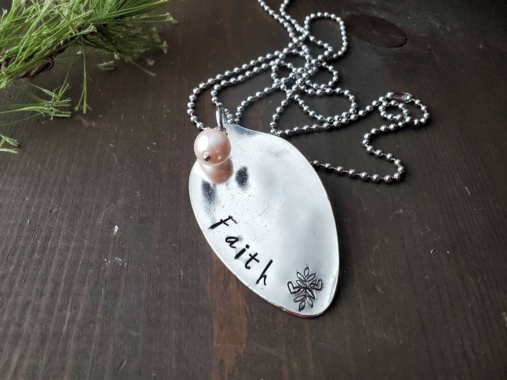 Spoon Necklace, Spoon Jewelry, Silverware Jewelry, Stamped Spoon, Handmade Jewelry, Necklace, Handmade Gift, Silverware, Faith, Repurposed