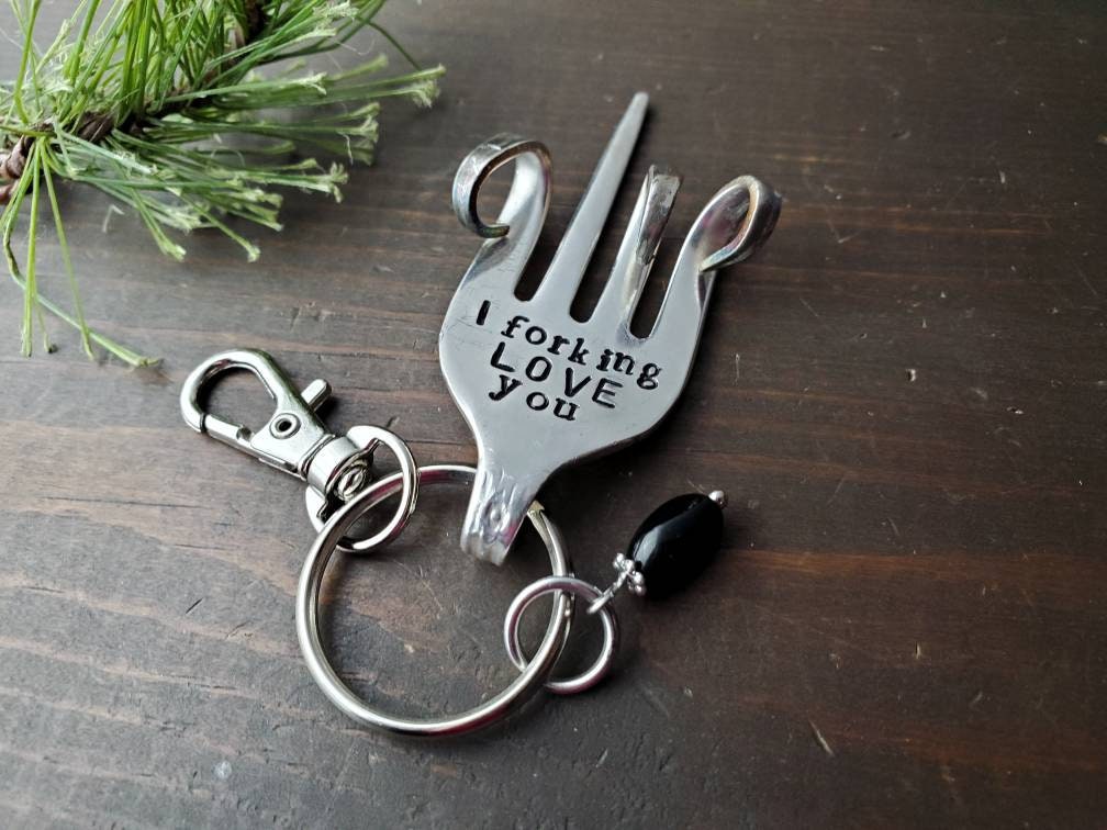 Fork Key Chain, Valentine's Day, Stamped, I Love You Gift, Funny Gift, Funny Key Chain, Gifts Under 20, Handmade Gift