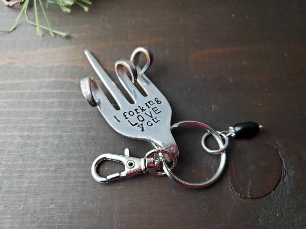 Fork Key Chain, Valentine's Day, Stamped, I Love You Gift, Funny Gift, Funny Key Chain, Gifts Under 20, Handmade Gift