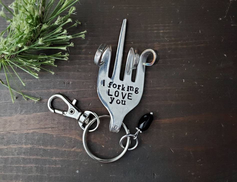 Fork Key Chain, Valentine's Day, Stamped, I Love You Gift, Funny Gift, Funny Key Chain, Gifts Under 20, Handmade Gift