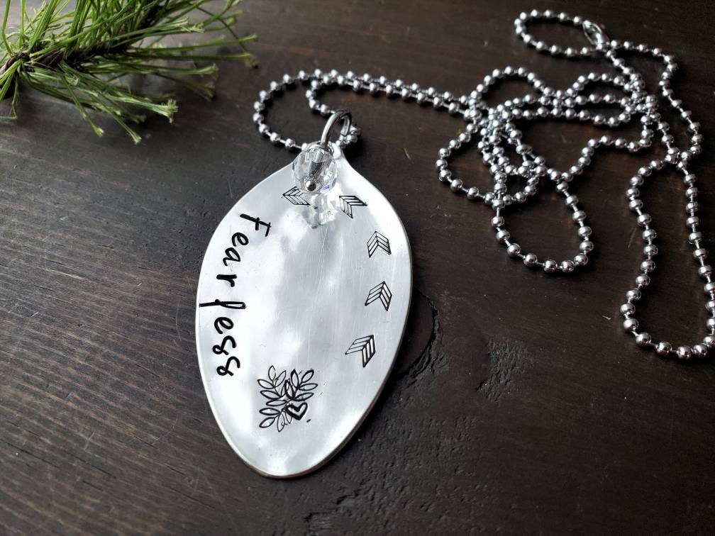 Fearless, Stamped Spoon Jewelry, Motivational, Spoon Necklace, Spoon Jewelry Pendant, Gifts For Her, Gifts to Encourage, Silverware Jewelry