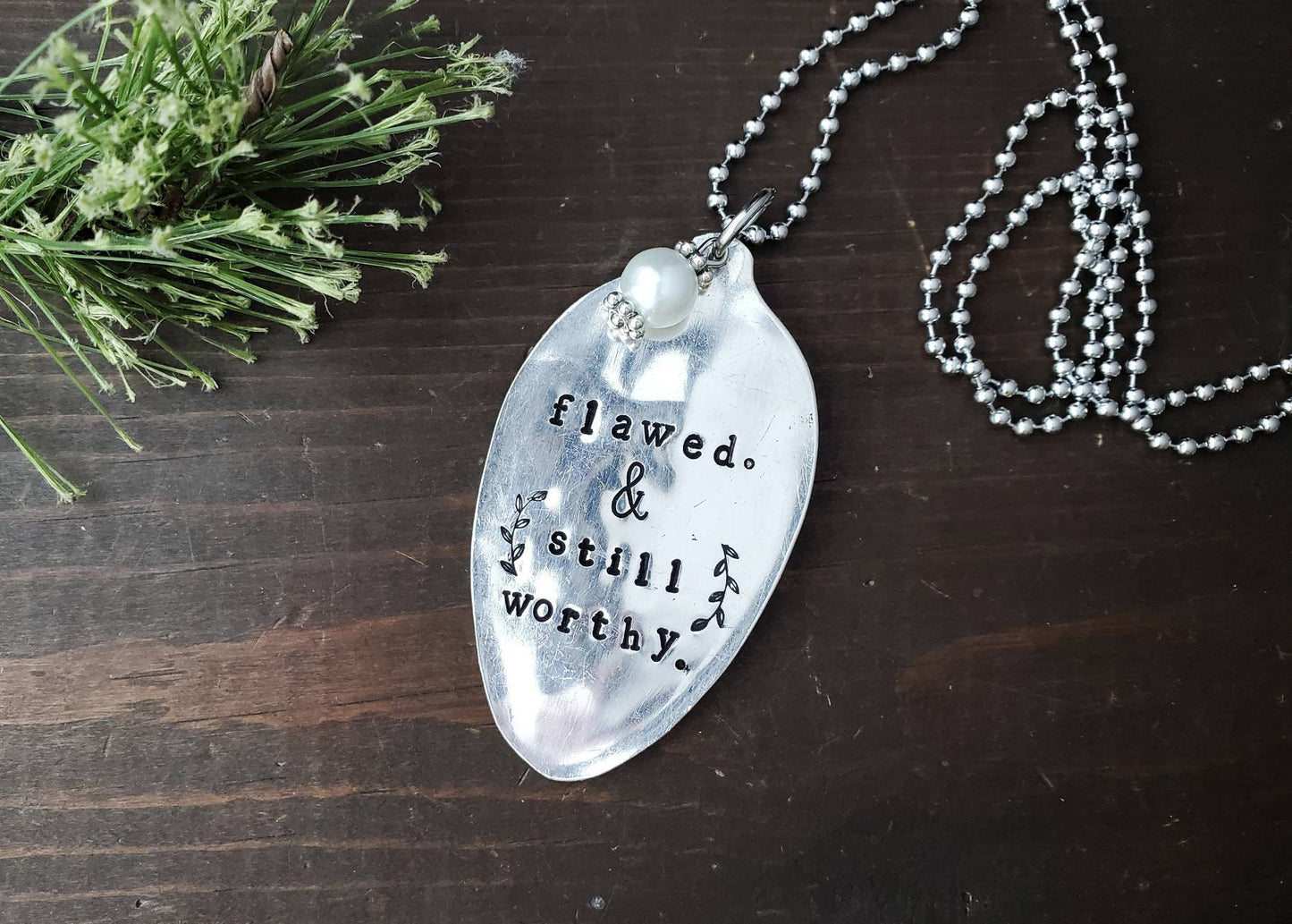 Spoon Jewelry, Flawed, Worthy, Spoon Necklace, Hand Stamped Necklace, Spoon Pendant, Gifts For Her, Handmade Jewelry, Inspiring Jewelry