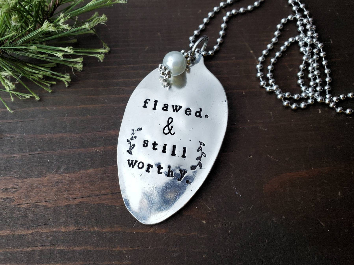 Spoon Jewelry, Flawed, Worthy, Spoon Necklace, Hand Stamped Necklace, Spoon Pendant, Gifts For Her, Handmade Jewelry, Inspiring Jewelry