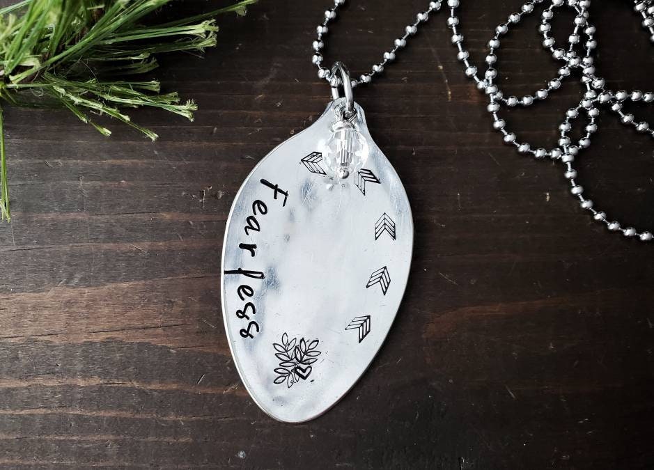 Fearless, Stamped Spoon Jewelry, Motivational, Spoon Necklace, Spoon Jewelry Pendant, Gifts For Her, Gifts to Encourage, Silverware Jewelry