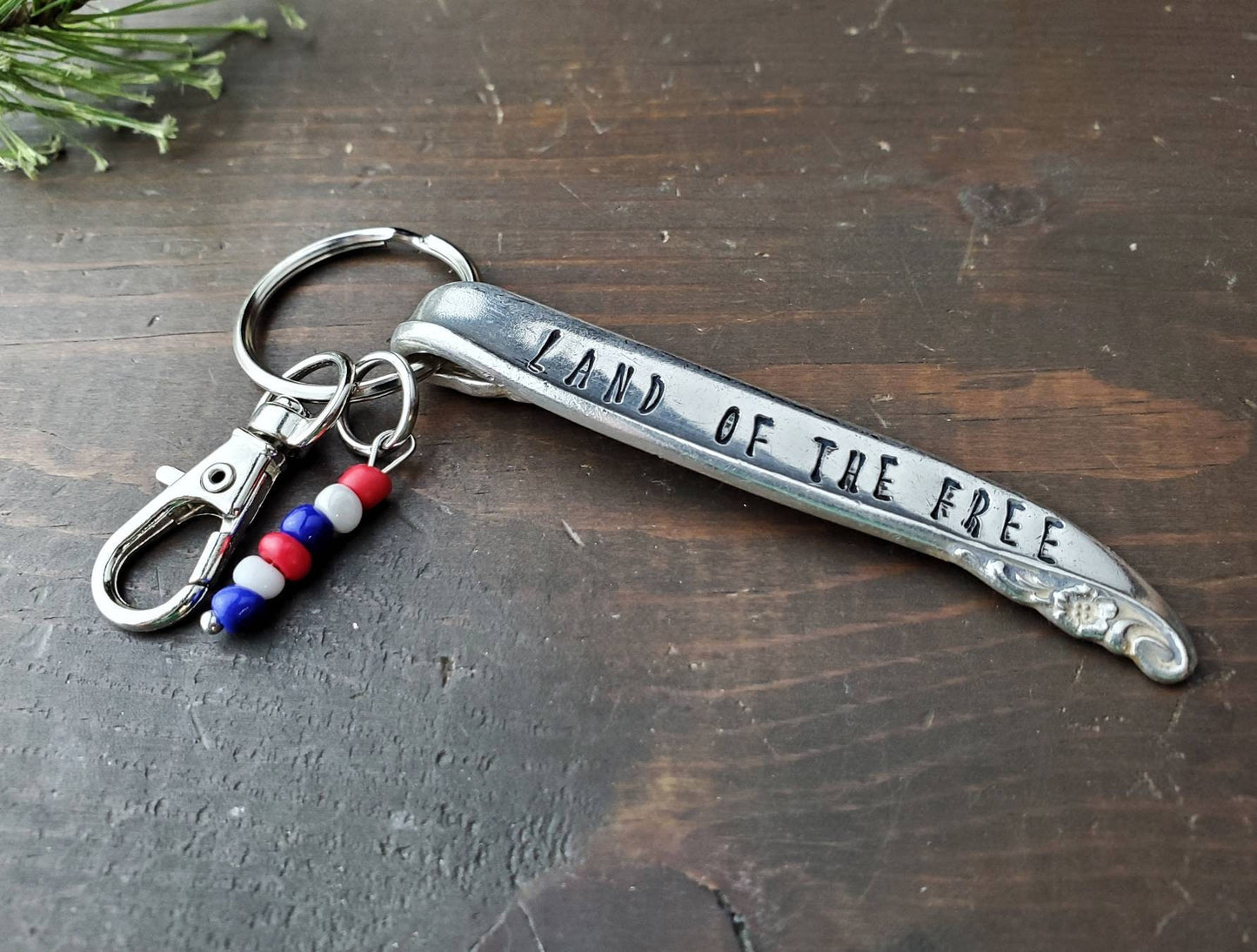Stamped Spoon, Key Chain, God Bless, USA, Memorial, Strong, Thankful, Fearless, Strong, Silverware, Hand Stamped, Brave, Gifts under 25