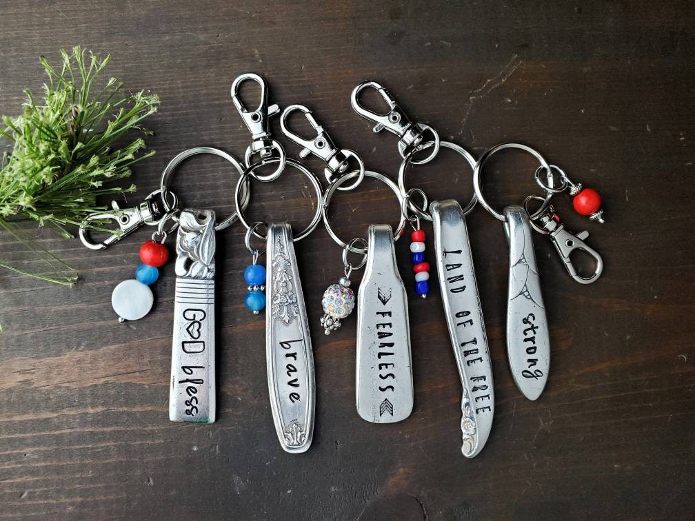 Stamped Spoon, Key Chain, God Bless, USA, Memorial, Strong, Thankful, Fearless, Strong, Silverware, Hand Stamped, Brave, Gifts under 25