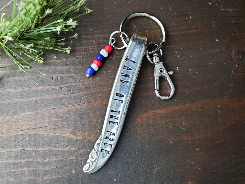 Stamped Spoon, Key Chain, God Bless, USA, Memorial, Strong, Thankful, Fearless, Strong, Silverware, Hand Stamped, Brave, Gifts under 25