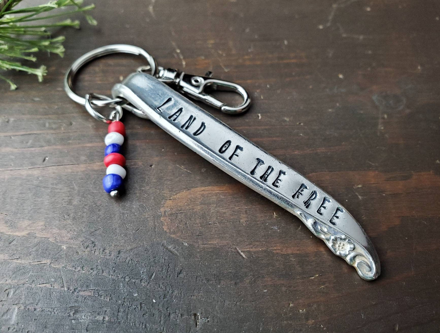 Stamped Spoon, Key Chain, God Bless, USA, Memorial, Strong, Thankful, Fearless, Strong, Silverware, Hand Stamped, Brave, Gifts under 25
