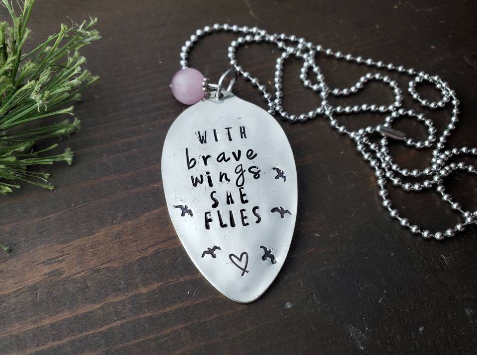 With Brave Wings She Flies, Spoon Jewelry, Silverware Jewelry, Strength, Spoon Necklace, Handmade, Vintage Handmade Jewelry, Upcycled