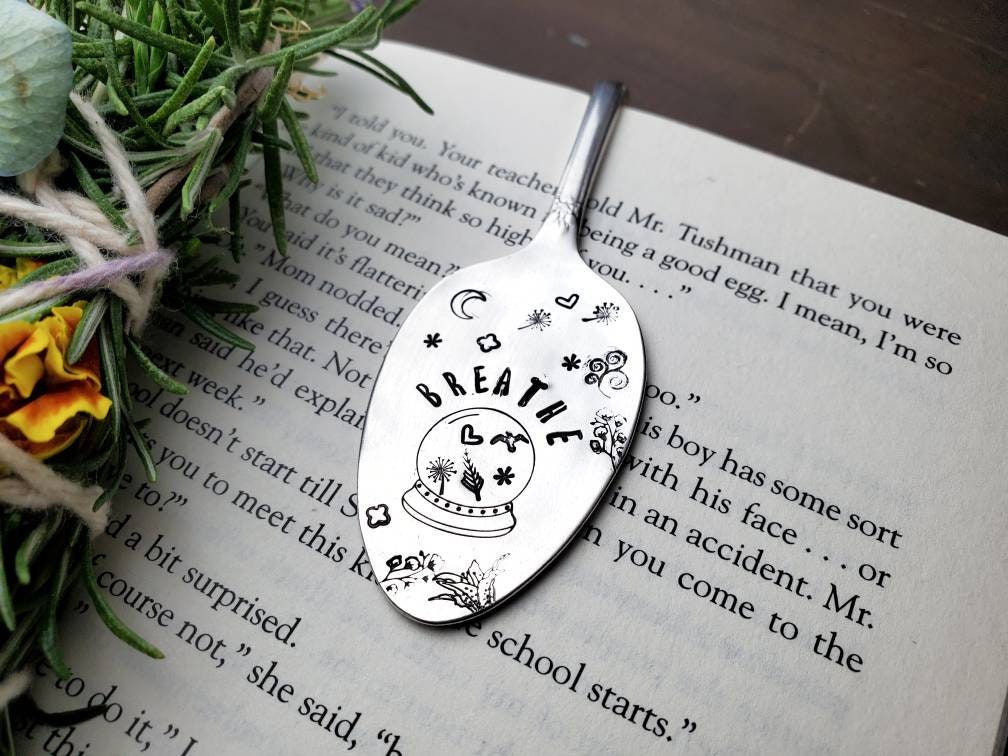 Breathe, Book Worm, Spoon Bookmark, Vintage Spoon, Stamped Spoon, Repurposed, Book Lover Gift, Gift for Readers, Book Quotes