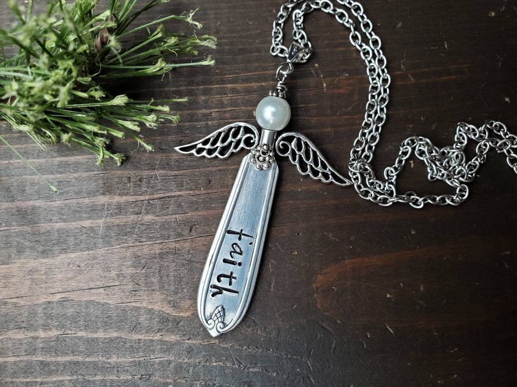Angel Jewelry, Stamped Spoon Necklace, Memorial Jewelry, Faith, Spoon Necklace, Silverware Jewelry, Gifts For Her, Handmade, Grace