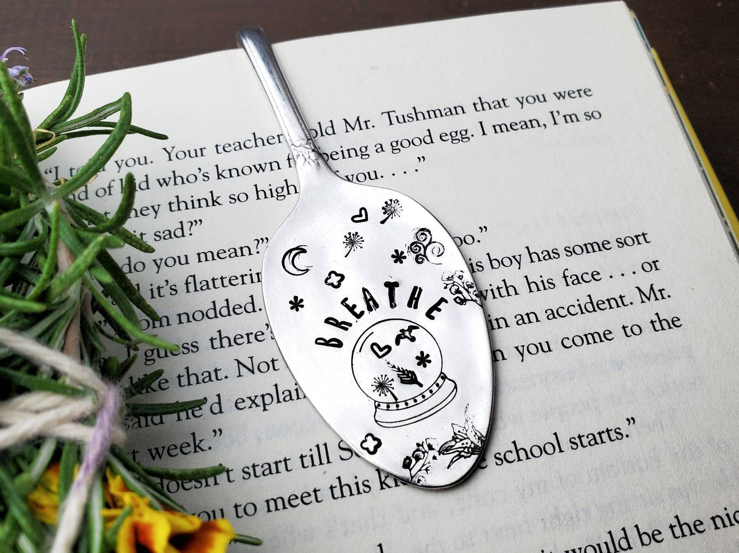 Breathe, Book Worm, Spoon Bookmark, Vintage Spoon, Stamped Spoon, Repurposed, Book Lover Gift, Gift for Readers, Book Quotes