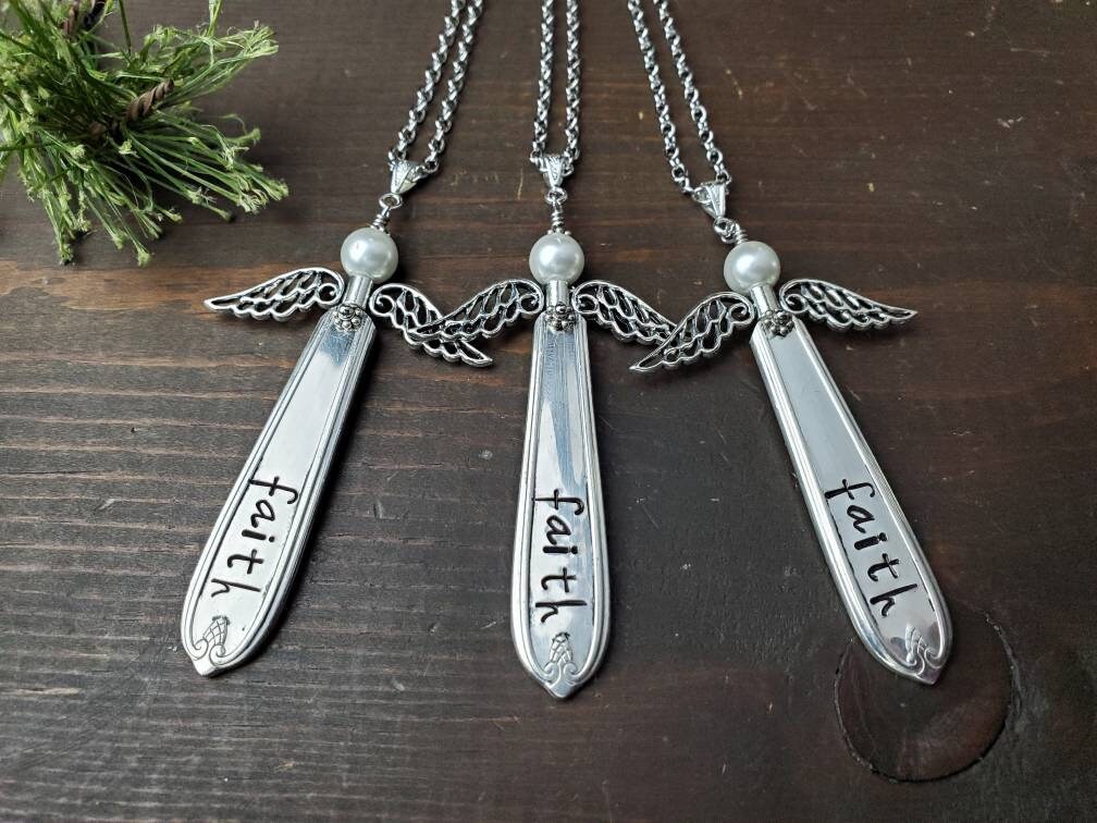 Angel Jewelry, Stamped Spoon Necklace, Memorial Jewelry, Faith, Spoon Necklace, Silverware Jewelry, Gifts For Her, Handmade, Grace