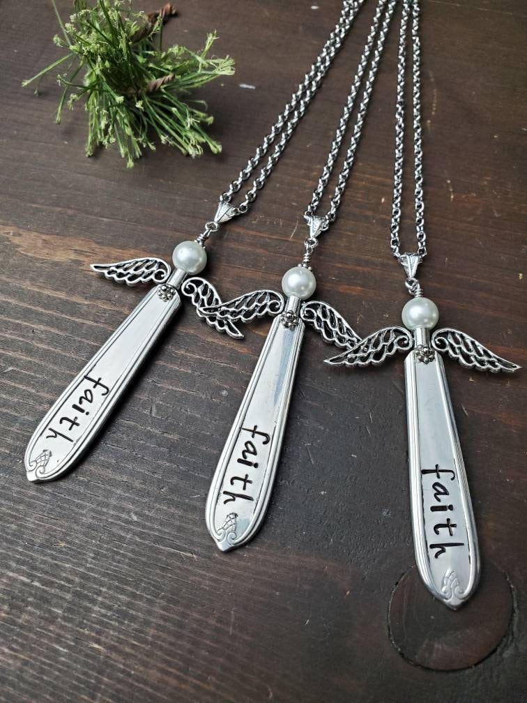 Angel Jewelry, Stamped Spoon Necklace, Memorial Jewelry, Faith, Spoon Necklace, Silverware Jewelry, Gifts For Her, Handmade, Grace