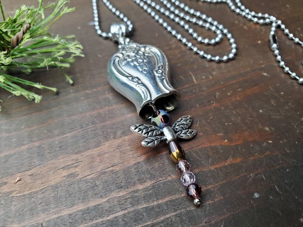 Dragonfly Necklace, Knife Pendant Necklace, Silverware Necklace, Pearl Necklace, Upcycled Silverware, Handmade Jewelry, Boho Jewelry