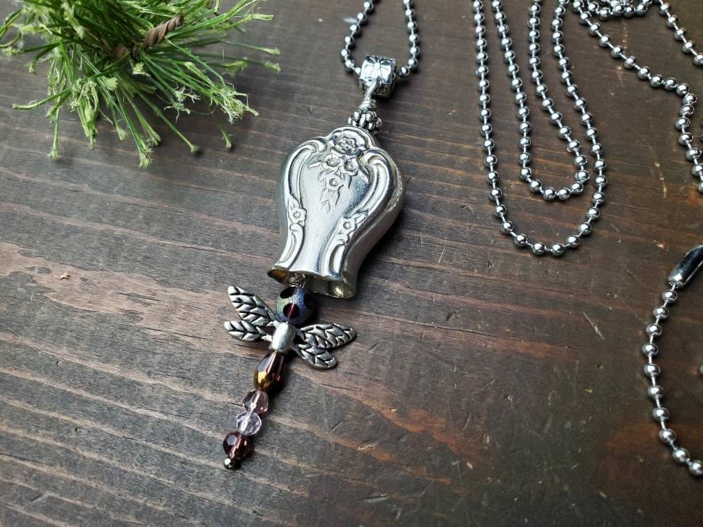 Dragonfly Necklace, Knife Pendant Necklace, Silverware Necklace, Pearl Necklace, Upcycled Silverware, Handmade Jewelry, Boho Jewelry