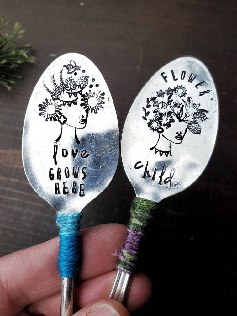 Love Grows Here, Spoon Ladies, SpoonMeMaryland, Garden Gift, Stamped Spoon, Garden Decor, Funny Planter, Flower Child, Plant Lover