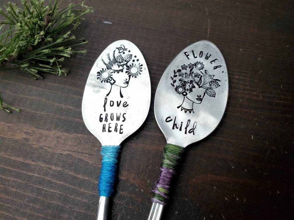 Love Grows Here, Spoon Ladies, SpoonMeMaryland, Garden Gift, Stamped Spoon, Garden Decor, Funny Planter, Flower Child, Plant Lover