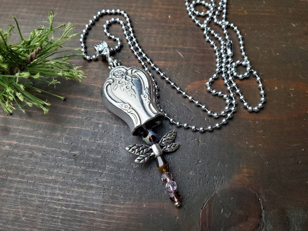 Dragonfly Necklace, Knife Pendant Necklace, Silverware Necklace, Pearl Necklace, Upcycled Silverware, Handmade Jewelry, Boho Jewelry