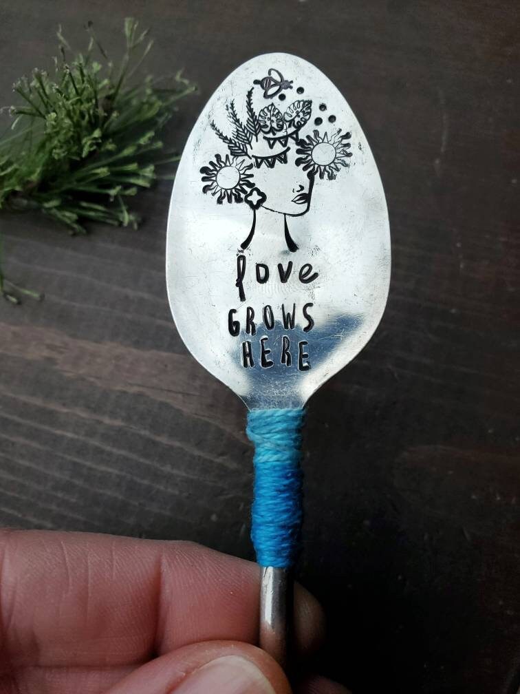 Love Grows Here, Spoon Ladies, SpoonMeMaryland, Garden Gift, Stamped Spoon, Garden Decor, Funny Planter, Flower Child, Plant Lover