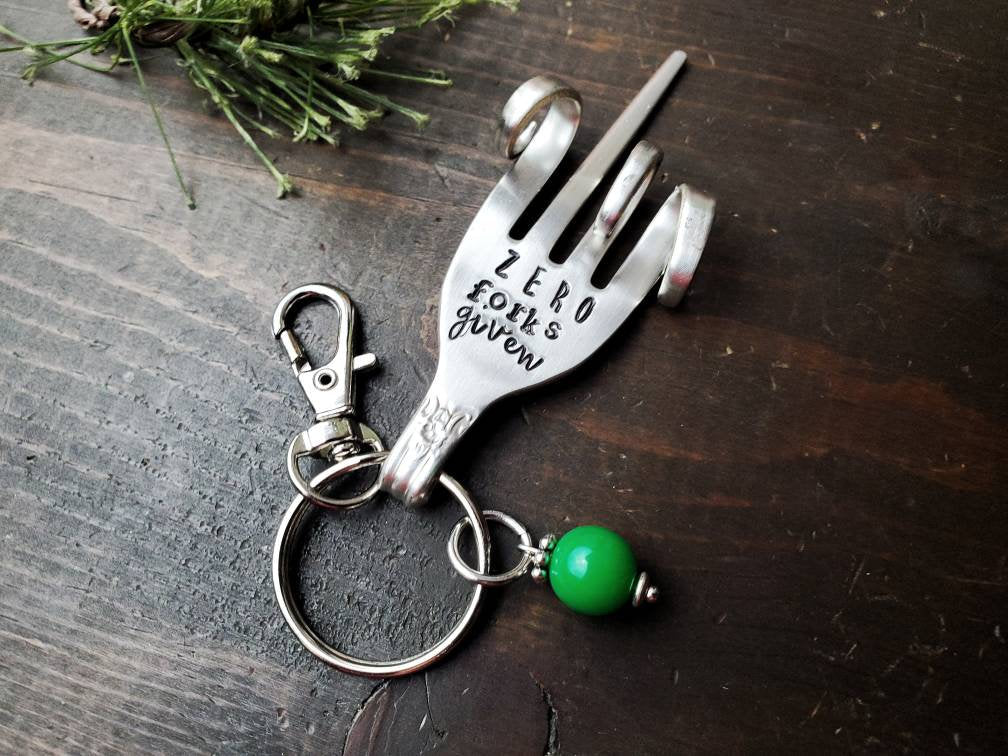 Zero Forks Given, Fork Key Chain, Stamped Fork, Funny Gift, Custom Key Chain, Stocking Stuffer, Gifts Under 20, Spoon Me Maryland