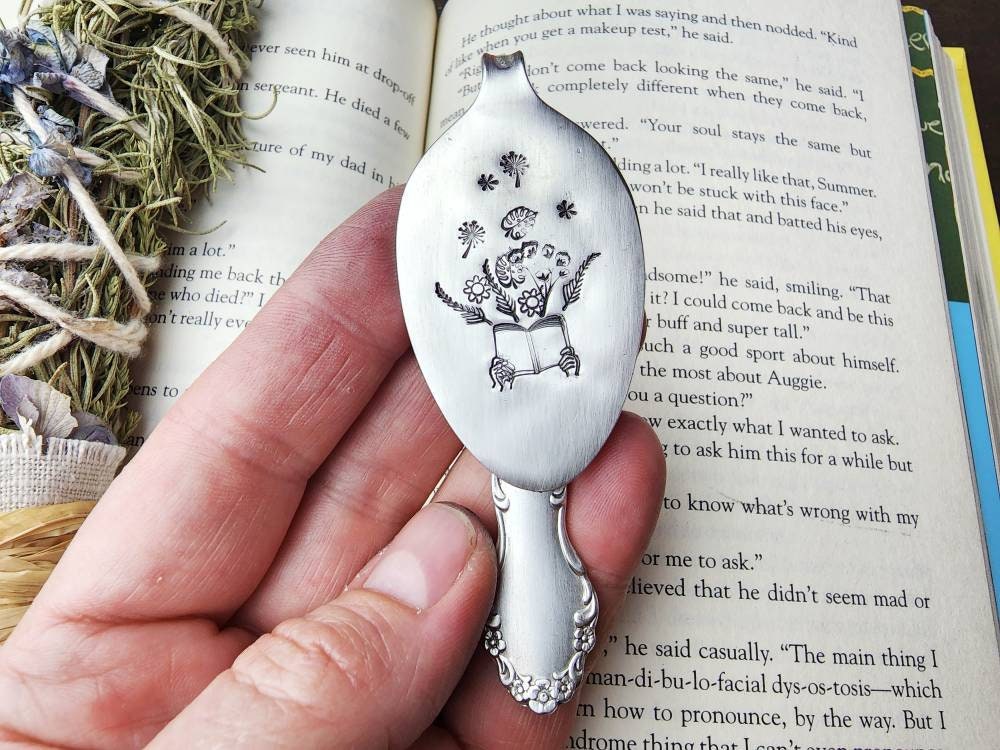 Flowers, Bloom, Spoon Bookmark, Reader Gift, Stamped Spoon, Repurposed, Book Club, Wine Gift, Gift for Readers, Stocking Stuffer, Bookworm