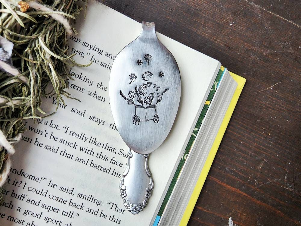 Flowers, Bloom, Spoon Bookmark, Reader Gift, Stamped Spoon, Repurposed, Book Club, Wine Gift, Gift for Readers, Stocking Stuffer, Bookworm