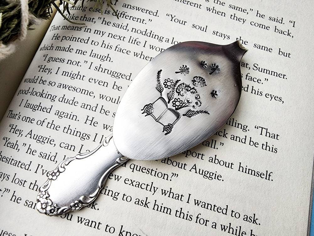 Flowers, Bloom, Spoon Bookmark, Reader Gift, Stamped Spoon, Repurposed, Book Club, Wine Gift, Gift for Readers, Stocking Stuffer, Bookworm