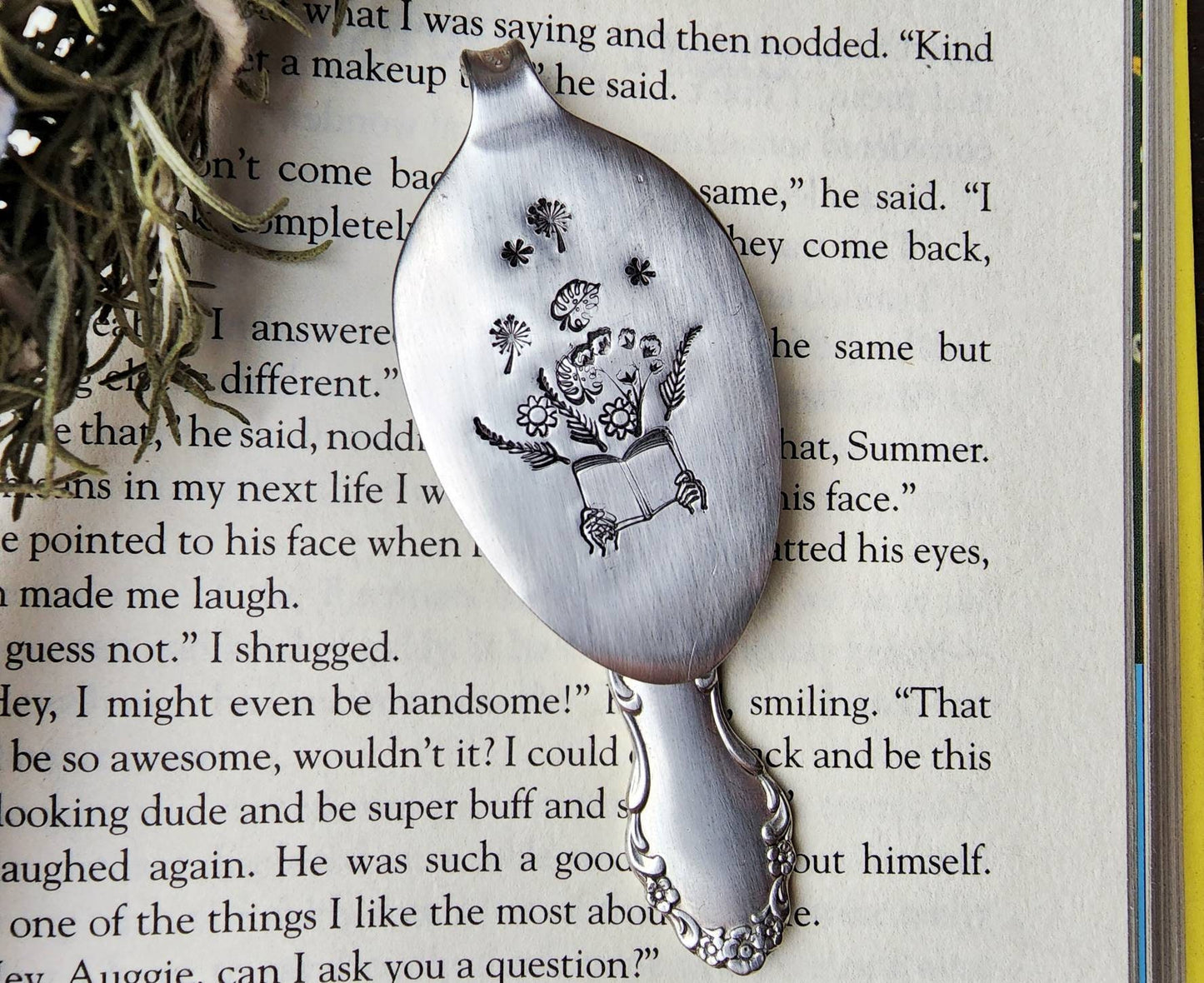 Flowers, Bloom, Spoon Bookmark, Reader Gift, Stamped Spoon, Repurposed, Book Club, Wine Gift, Gift for Readers, Stocking Stuffer, Bookworm