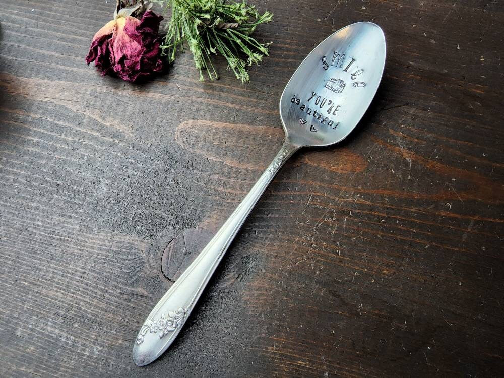 Smile You're Beautiful, Coffee Spoon, Stamped Spoon, Teaspoon, Spoon Me Maryland, Birthday, Valentine's Day, Silverware, Coffee Gift, Mantra