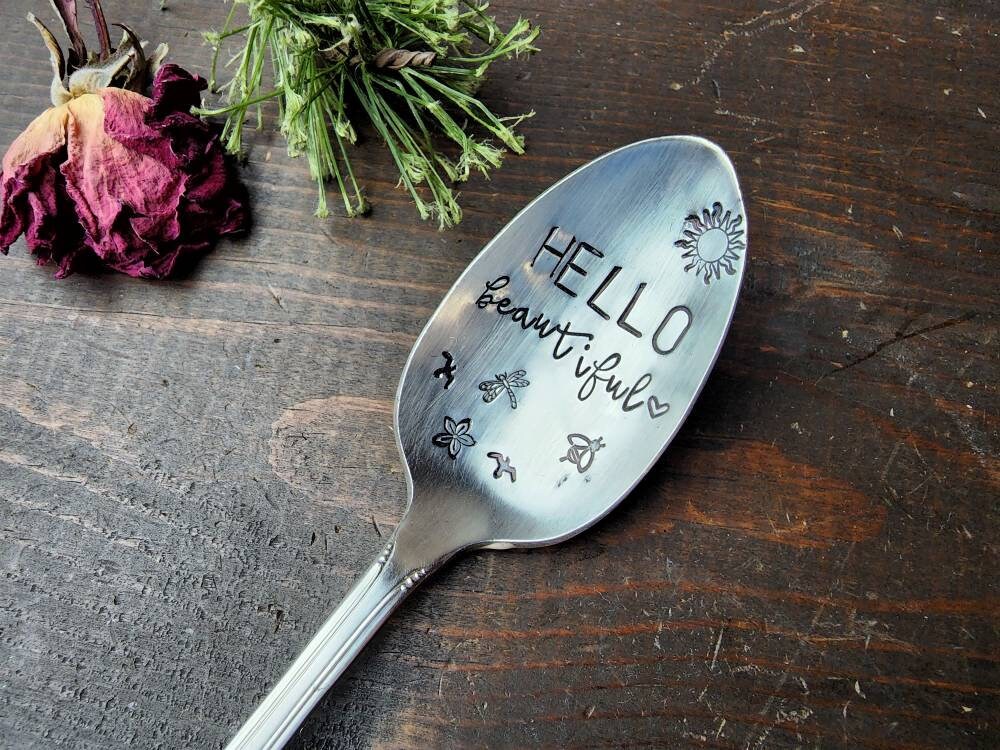 Hello Beautiful, Coffee Spoon, Stamped Spoon, Teaspoon, Spoon Me Maryland, Birthday, Valentine's Day, Silverware, Coffee Gift, Mantra