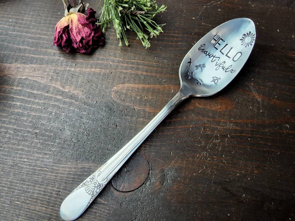 Hello Beautiful, Coffee Spoon, Stamped Spoon, Teaspoon, Spoon Me Maryland, Birthday, Valentine's Day, Silverware, Coffee Gift, Mantra