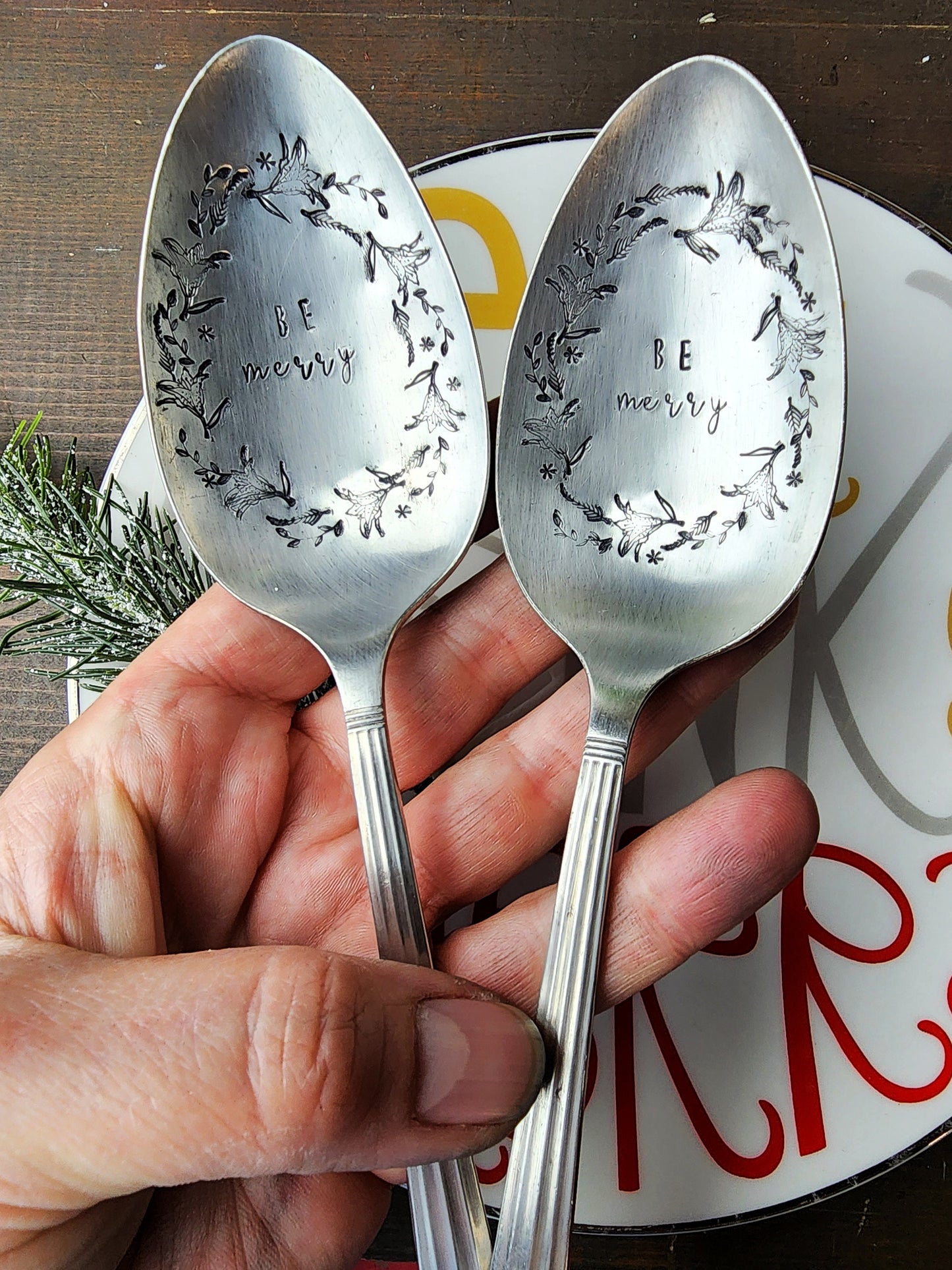 BE MERRY, Serving Spoon, Stamped Tablespoon, Wreath, Spoon Me Maryland, Birthday, Repurposed Silverware, Holiday Gifts