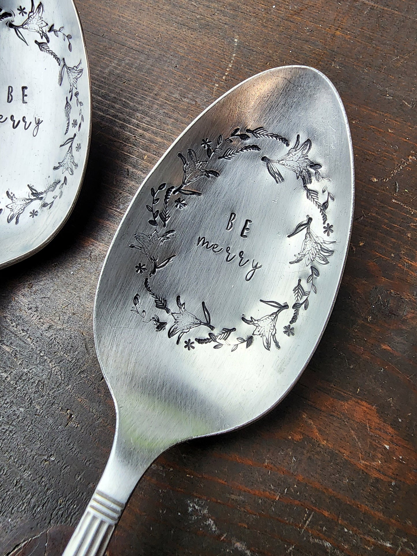 BE MERRY, Serving Spoon, Stamped Tablespoon, Wreath, Spoon Me Maryland, Birthday, Repurposed Silverware, Holiday Gifts