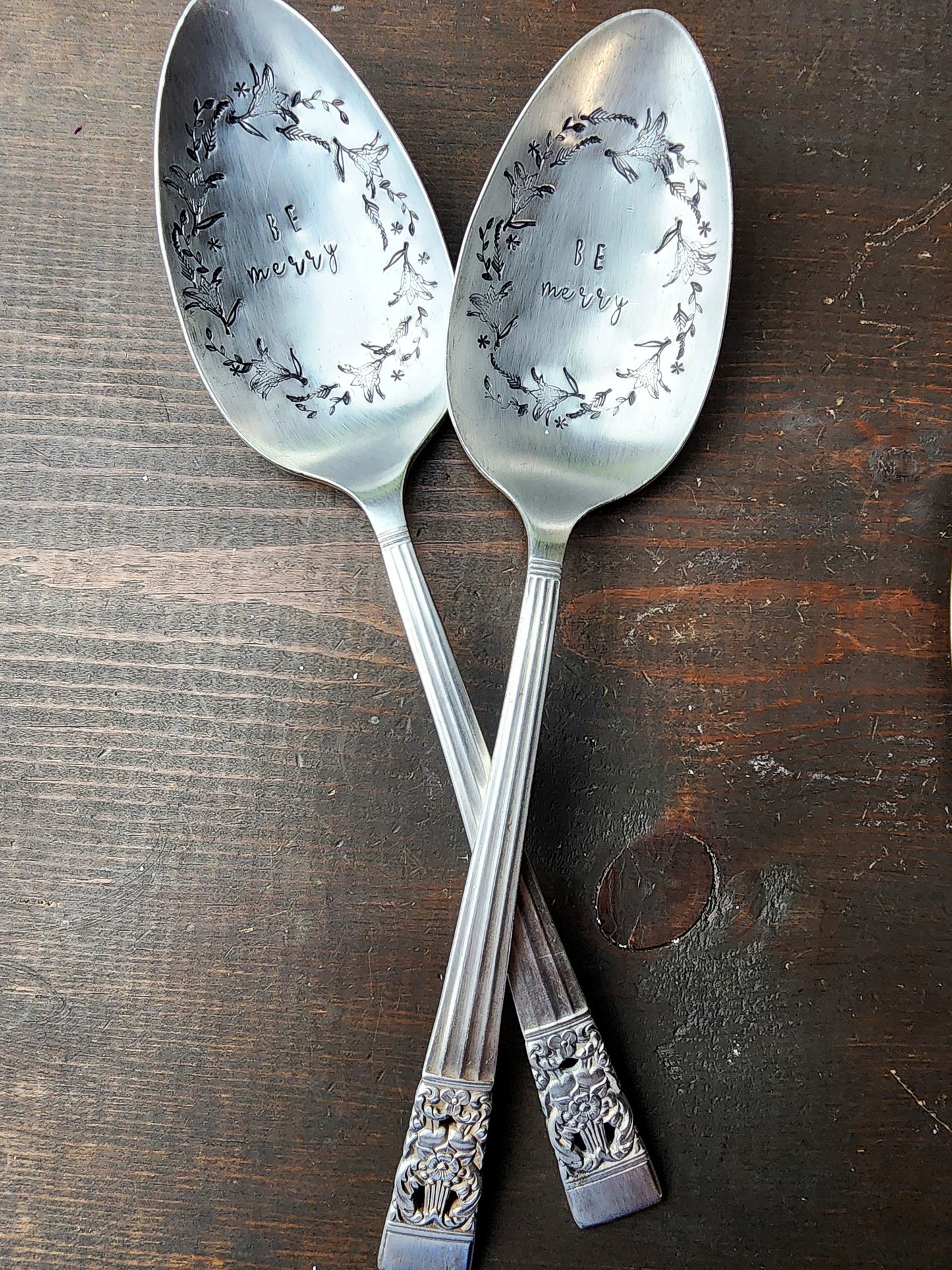 BE MERRY, Serving Spoon, Stamped Tablespoon, Wreath, Spoon Me Maryland, Birthday, Repurposed Silverware, Holiday Gifts