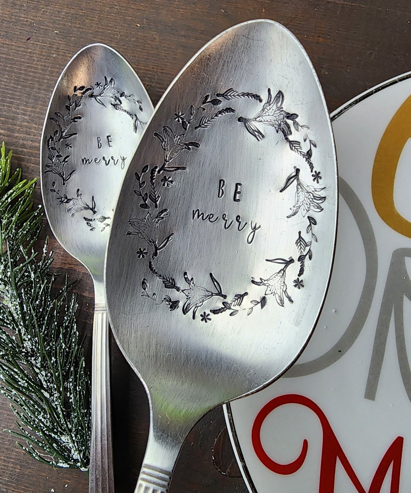 BE MERRY, Serving Spoon, Stamped Tablespoon, Wreath, Spoon Me Maryland, Birthday, Repurposed Silverware, Holiday Gifts
