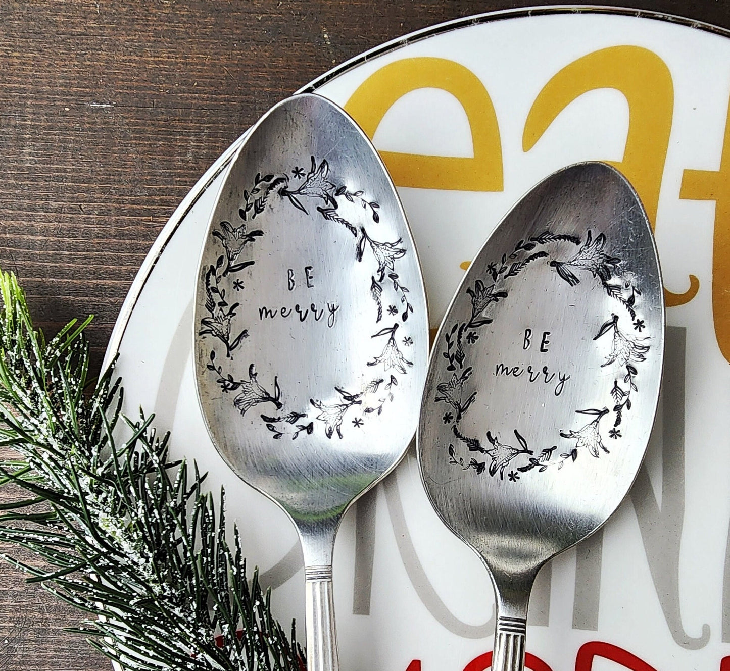 BE MERRY, Serving Spoon, Stamped Tablespoon, Wreath, Spoon Me Maryland, Birthday, Repurposed Silverware, Holiday Gifts