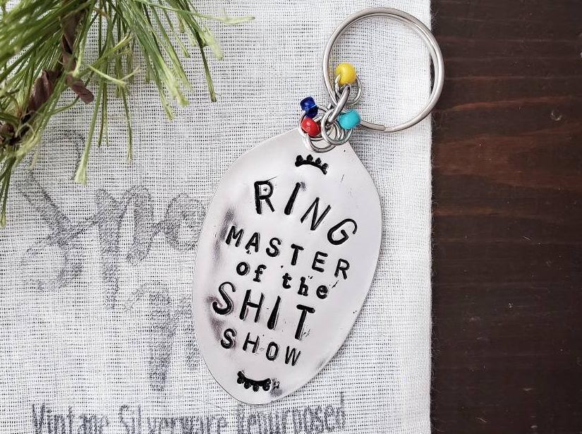 Spoon Key Chain, Stamped Spoon, Ring Master, Trainwreck Upcycled Silverware, Hand Stamped, Handmade Gift, Gifts under 25, Gifts That Inspire