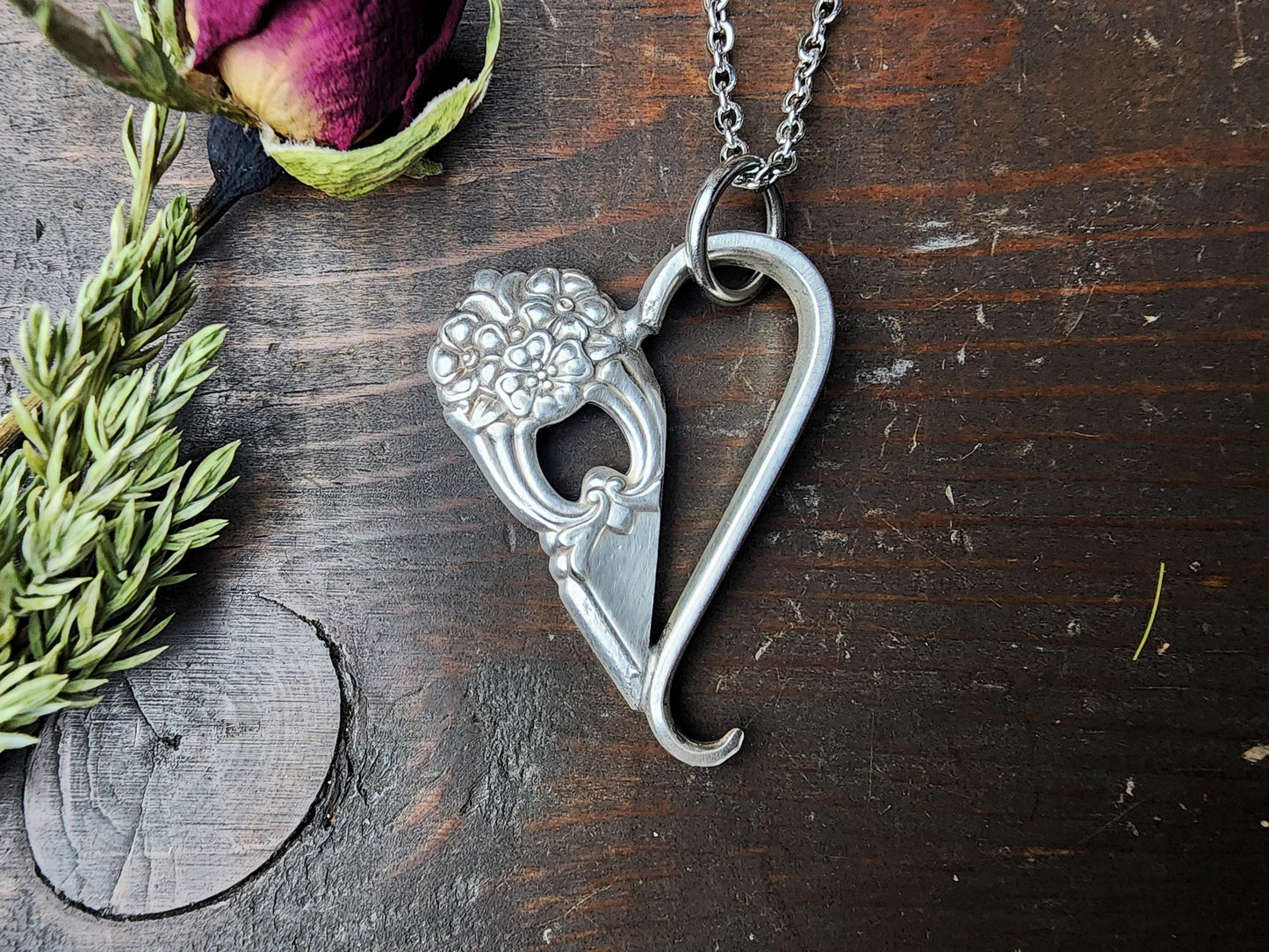 Eternally 1941 Spoon & Fork Necklace, Soldered Half Heart, Classy, Antique, Floral, Gifts For Her, Silverware Jewelry, Handmade by Spoon Me