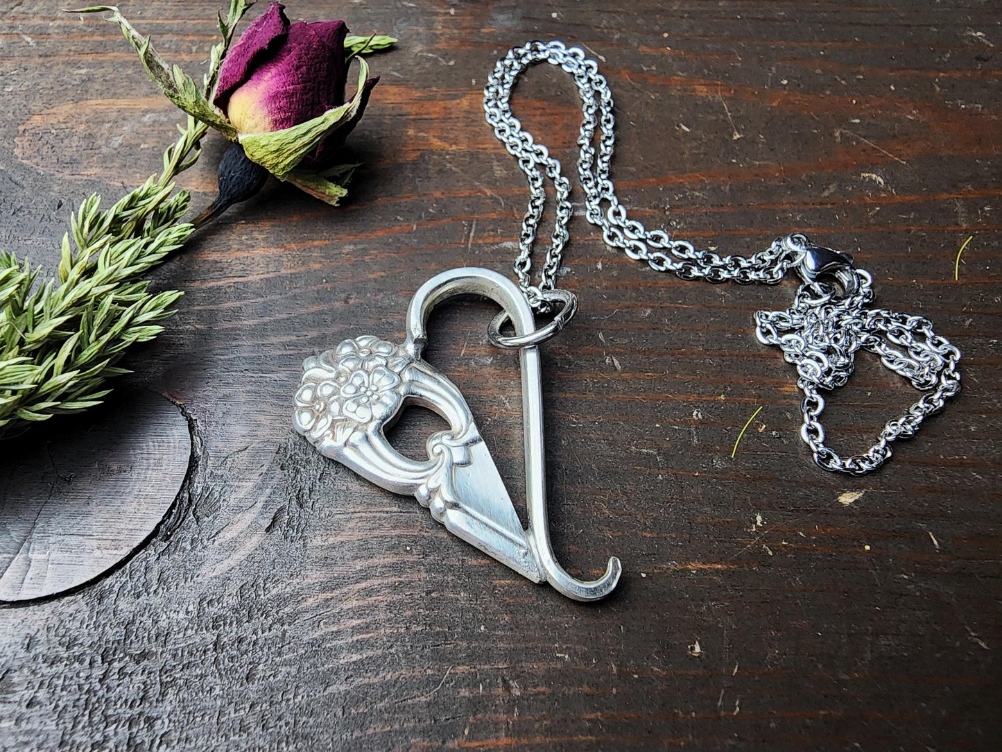 Eternally 1941 Spoon & Fork Necklace, Soldered Half Heart, Classy, Antique, Floral, Gifts For Her, Silverware Jewelry, Handmade by Spoon Me