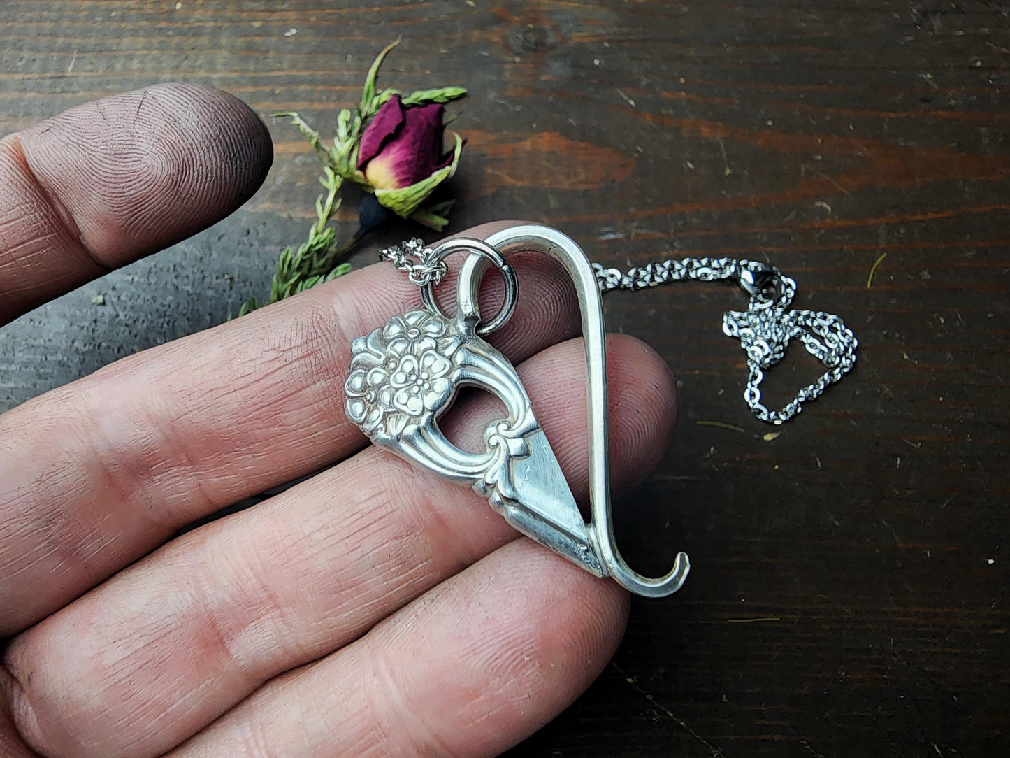 Eternally 1941 Spoon & Fork Necklace, Soldered Half Heart, Classy, Antique, Floral, Gifts For Her, Silverware Jewelry, Handmade by Spoon Me
