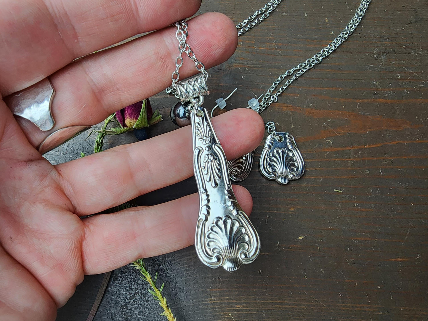 Shell Patterned Necklace & Earrings, Spoon Jewelry, Silverware Jewelry, Pendant, Handmade Jewelry, Spoon Jewelry, Pendant, Wedding Gift