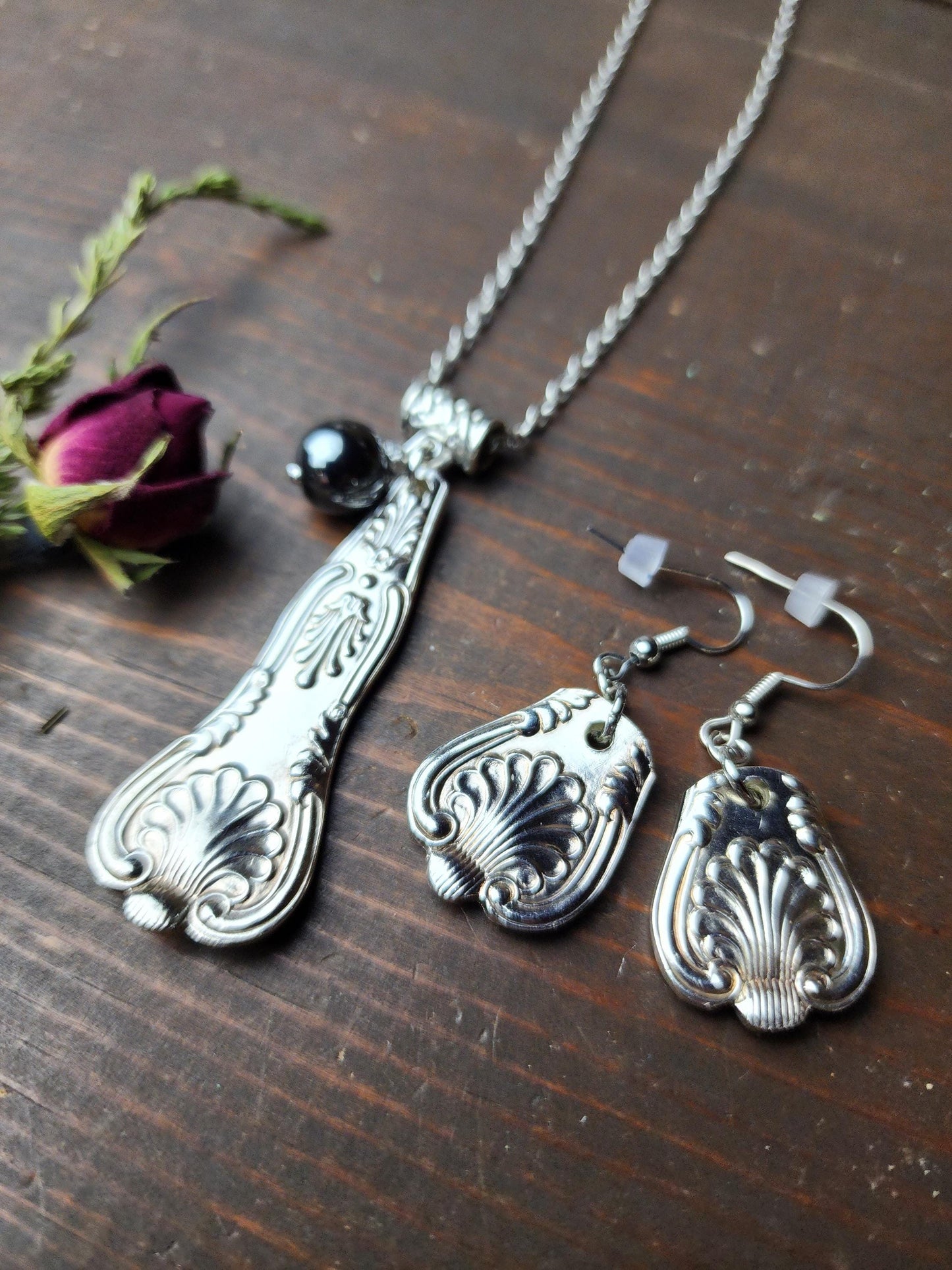 Shell Patterned Necklace & Earrings, Spoon Jewelry, Silverware Jewelry, Pendant, Handmade Jewelry, Spoon Jewelry, Pendant, Wedding Gift