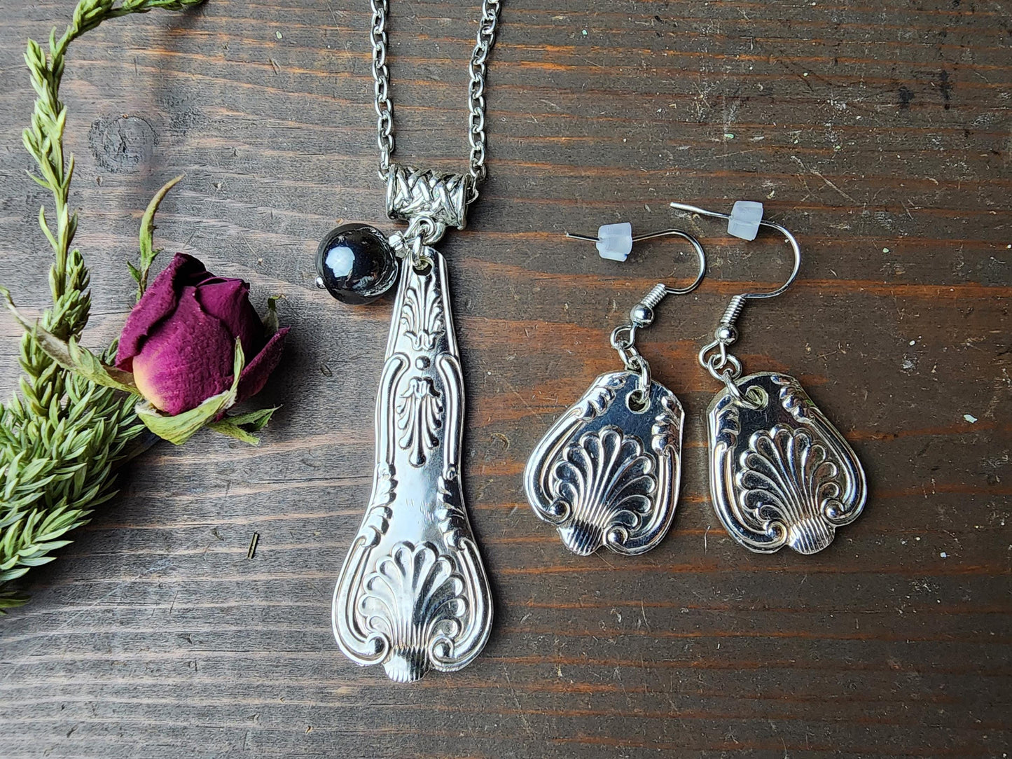 Shell Patterned Necklace & Earrings, Spoon Jewelry, Silverware Jewelry, Pendant, Handmade Jewelry, Spoon Jewelry, Pendant, Wedding Gift